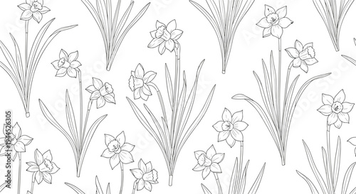 Elegant seamless pattern of hand-drawn daffodil flowers in a fine line art style for a classic and timeless floral background.