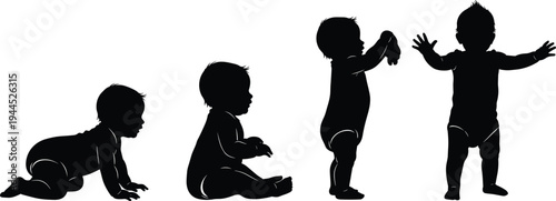 Silhouette baby crawling sitting standing stages, black white vector illustration representing childhood growth development milestone parenting design art