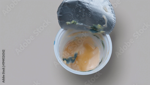 Fotografía A spoiled yogurt container sits open on a neutral surface, revealing dark green and blue mold patches spreading across the creamy surface