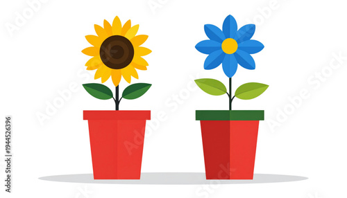 Two colorful flowers in red pots with green leaves and stems isolated on transparent background