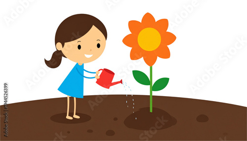 A young girl with a red bow in her hair planting a small yellow flower in the ground isolated on transparent background
