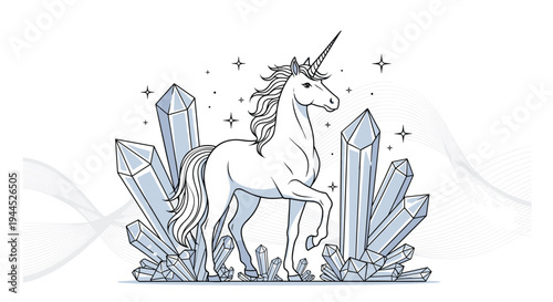 Majestic illustration of a white unicorn standing gracefully among large sparkling crystals and twinkling stars on white.