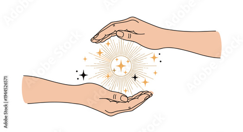 Spiritual illustration of two hands cupped around a radiant stylized sun and stars to represent energy, magic, and guidance.