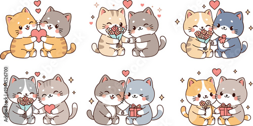 Cute romantic cat couples vector set with hearts, flowers and gifts perfect for Valentine love themed illustrations