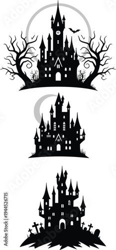 Haunted castles silhouette illustration, spooky gothic architecture, Halloween eerie scene, bats moon graveyard, horror fantasy art, mysterious dark atmosphere