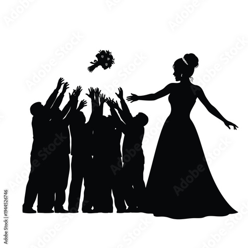 A bride tosses her bouquet to a group of eager guests at a wedding reception.
