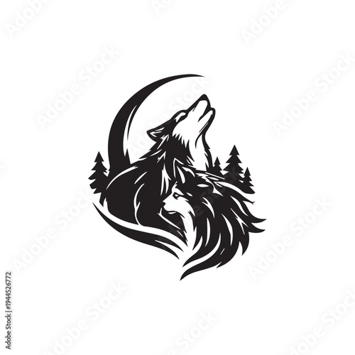 Wolf and Pup Howling at Moon in Forest Silhouette.