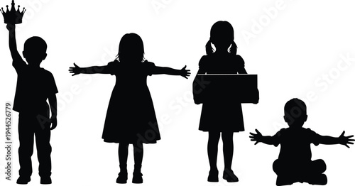 Silhouette children playful imaginative poses collection, black white vector illustration representing creativity childhood activity design art concept