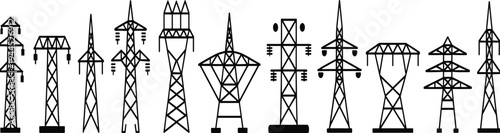 Collection of electrical transmission tower silhouettes showcasing diverse structural designs and configurations for power line infrastructure, energy distribution, engineering