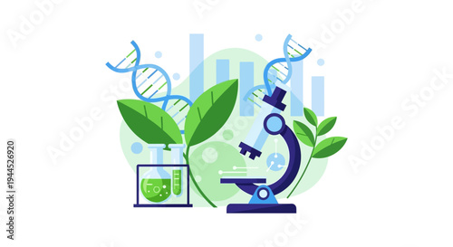 Science and Nature Research Illustration: DNA, Microscope, Plants, and Lab Equipment