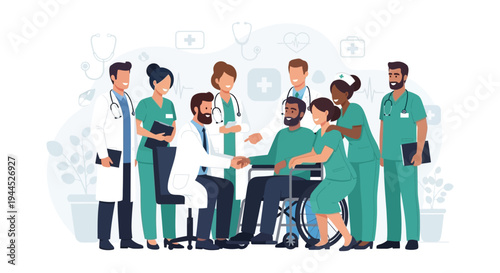 Diverse Medical Team Supporting Patient in Wheelchair - Healthcare Professionals Offering Compassionate Care & Consultation
