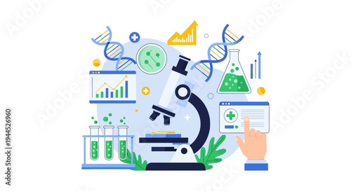 Scientific Research & Medical Data Analysis: Biotechnology Lab with Microscope, DNA, and Digital Health