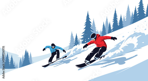 Action-packed illustration of two people snowboarding down a snowy mountain slope surrounded by pine trees in winter.