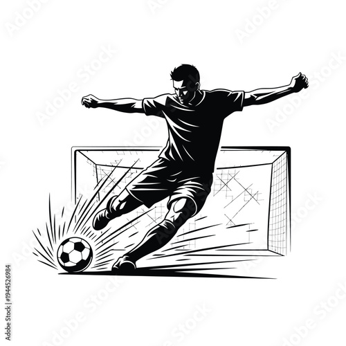 A dynamic illustration of a soccer player kicking a ball with intense focus and power.