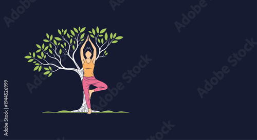 Peaceful illustration of a person doing a yoga tree pose in front of a stylized tree to represent harmony with nature and self.