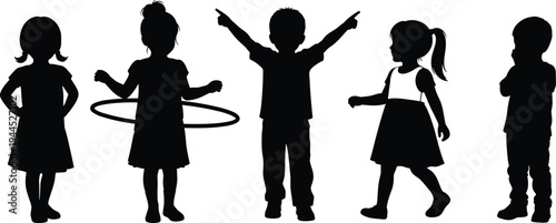 Silhouette children standing in row playful thoughtful poses, black white vector illustration representing activity mood concept design art