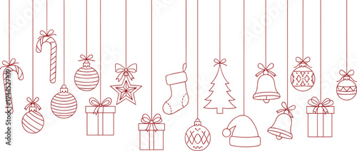 Minimalist, Red, Line, Art, Christmas, Hanging, Ornaments, on, White, Background, Continuous, Single, Drawing, Style, Festive, Holiday, Seamless, Border, Vector, Illustration