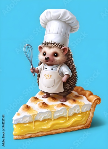 Cute Hedgehog Chef Standing On Lemon Pie In Whimsical Baking Scene