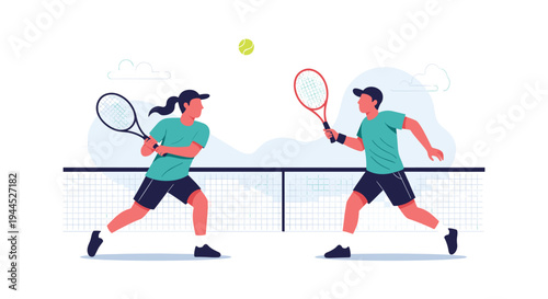 Energetic illustration of a man and a woman playing a tennis match to promote an active and healthy sports lifestyle for all.
