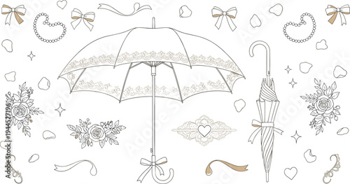 Romantic decorative umbrella with floral ornaments ribbons hearts and vintage elements elegant wedding or love theme vector illustration set