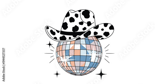 Retro cow print cowboy hat placed on top of a sparkling disco ball with stars on a clean white background.