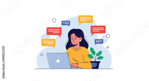 Young woman using a laptop computer surrounded by colorful speech bubbles representing communication and messaging.