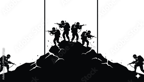 Silhouette soldiers on rocky hilltop battlefield, military combat positions, armed defense strategy, war scene illustration, historical commemoration concept art