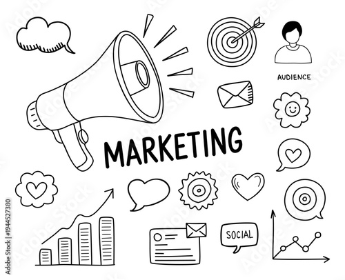 Hand-drawn marketing icons gather around bold central word. Megaphone shouts message to target audience through speech bubbles. Graphs, hearts, and arrows show growth and connection in simple style