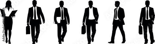 Business people silhouettes walking with briefcases professional office workers team corporate men and woman black vector set