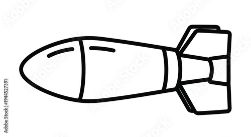 Simple black and white line drawing of a bomb with fins viewed from above
