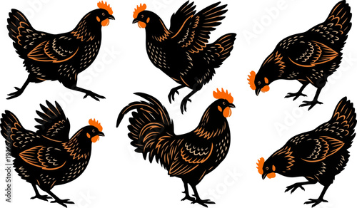 Six Chicken Pose Black and Orange Silhouette Vector