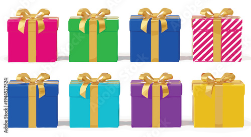 Set of eight colorful gift boxes with elegant gold ribbons and bows, 3D perspective, isolated on white background, festive collection.