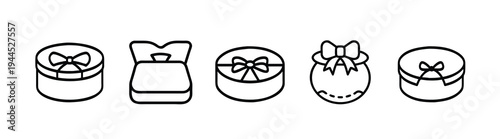 Round gift box and jewelry package outline icon featuring surprise present ribbon, luxury celebration parcel, holiday greeting container more vector illustration or editable stroke.