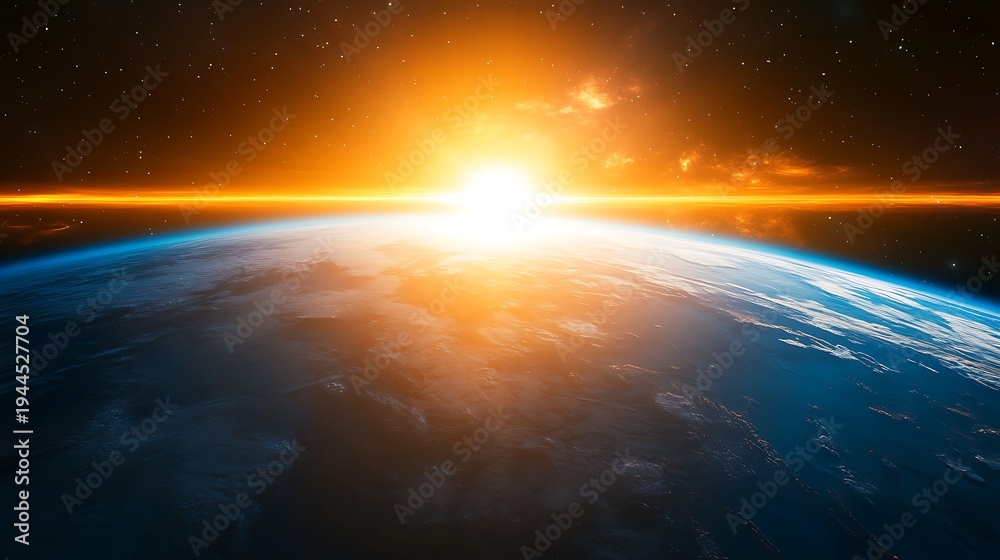 The sun rises over the curved horizon of the Earth in a breathtaking celestial scene with stars shining in the dark space background