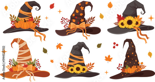 Autumn witch hats with pumpkins, sunflowers and fall leaves vector set for Halloween and seasonal decoration designs