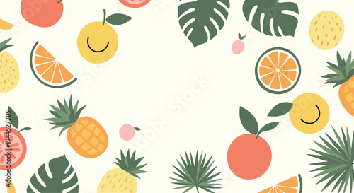 Colorful tropical pattern with pineapples, citrus slices, and monstera leaves perfect for summer themed designs.