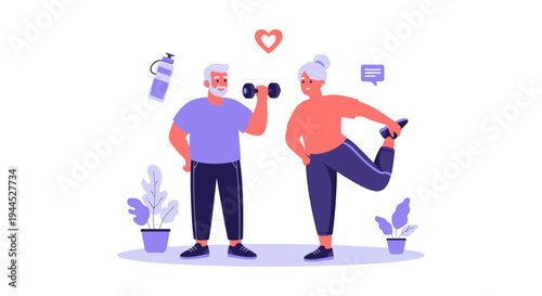 Active Senior Couple Exercising: Fitness, Healthy Lifestyle & Well-being Illustration