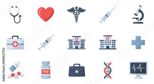 Modern Medical and Healthcare Flat Icons Collection - Stethoscope, Hospital, Syringe, DNA