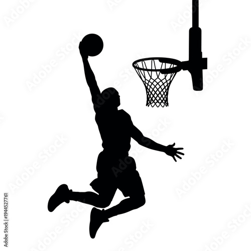 Basketball Player Slam Dunk Silhouette - Athlete Jumping to Hoop Vector