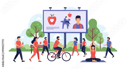 Healthy Active Lifestyle Park Illustration with People Exercising, Biking, Yoga, and Wellness Ad Billboard