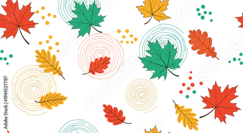 Autumn leaf pattern with red, orange, and green maple and oak leaves floating over concentric circular ripples.
