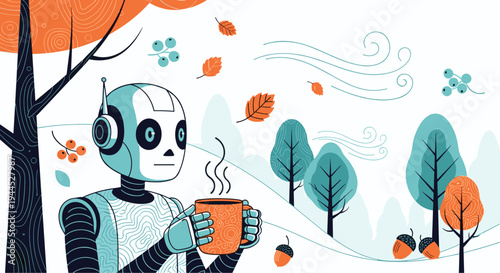 Friendly robot holding a hot mug of coffee while standing in a scenic autumn park with falling orange leaves and trees.