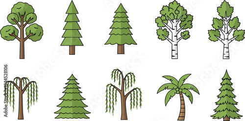 Collection of different green trees vector set including pine, birch, willow and palm for forest landscape design