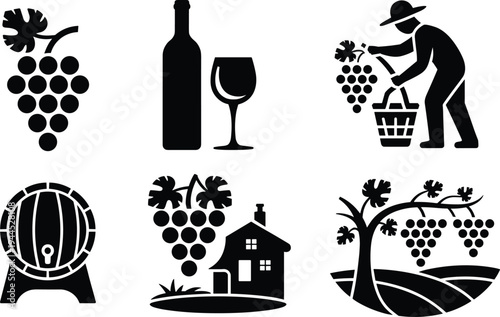 Wine production icons set, vineyard grape harvest illustration, winery bottle glass barrel symbols, wine making process vector collection