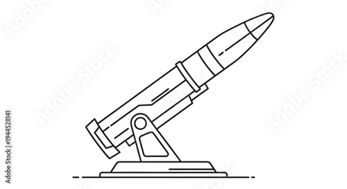 Linear illustration of a rocket on a launch stand depicted in a minimalist style