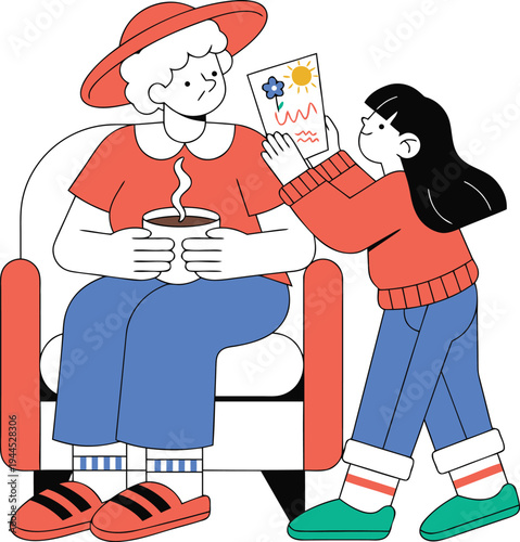 Grandchild Giving Handmade Card To Grandmother Illustration