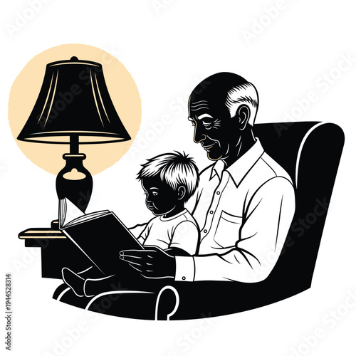 An elderly man reading a book to a young child in a cozy armchair.