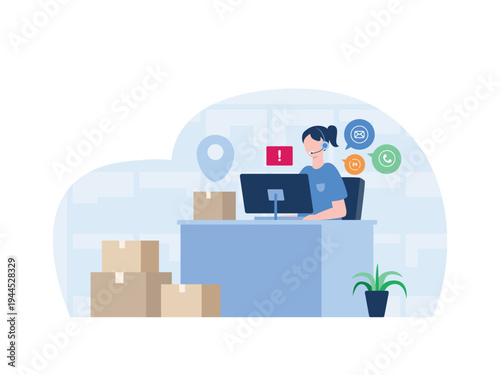 Warehouse Dispatcher Customer Service Representative Handling Online Orders and Inquiries with Communication icons