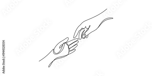 A continuous line art drawing of two hands reaching out to connect with each other, symbolizing help and connection. Vector, illustration