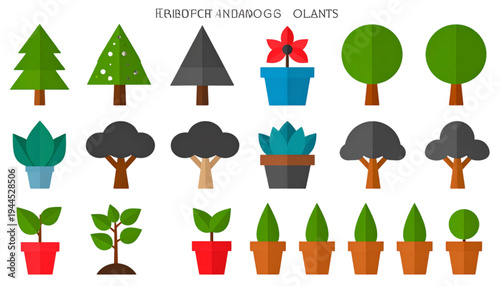 A delightful collection of various trees, plants, and flowers in colorful pots isolated on transparent background